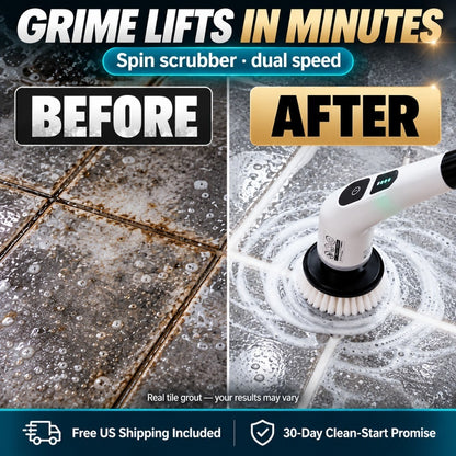 Grime lifts in minutes — tile grout before and after with dual-speed spin scrubber